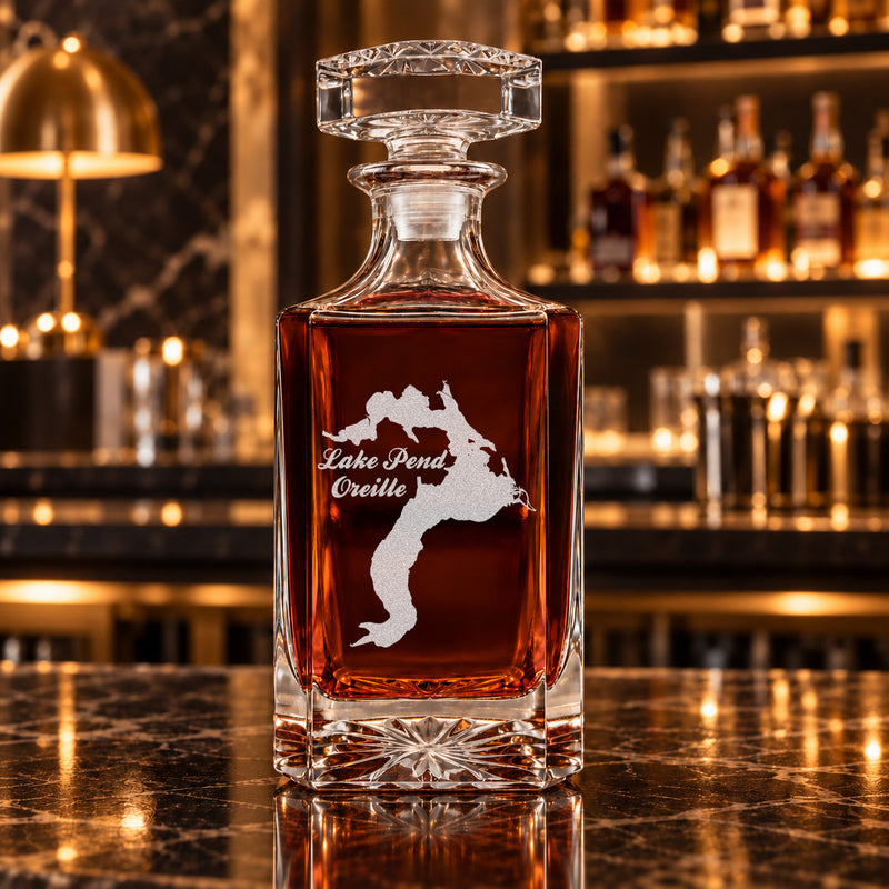 Lake Pend Oreille Idaho Minimalist engraved square whiskey decanter - decanter alone