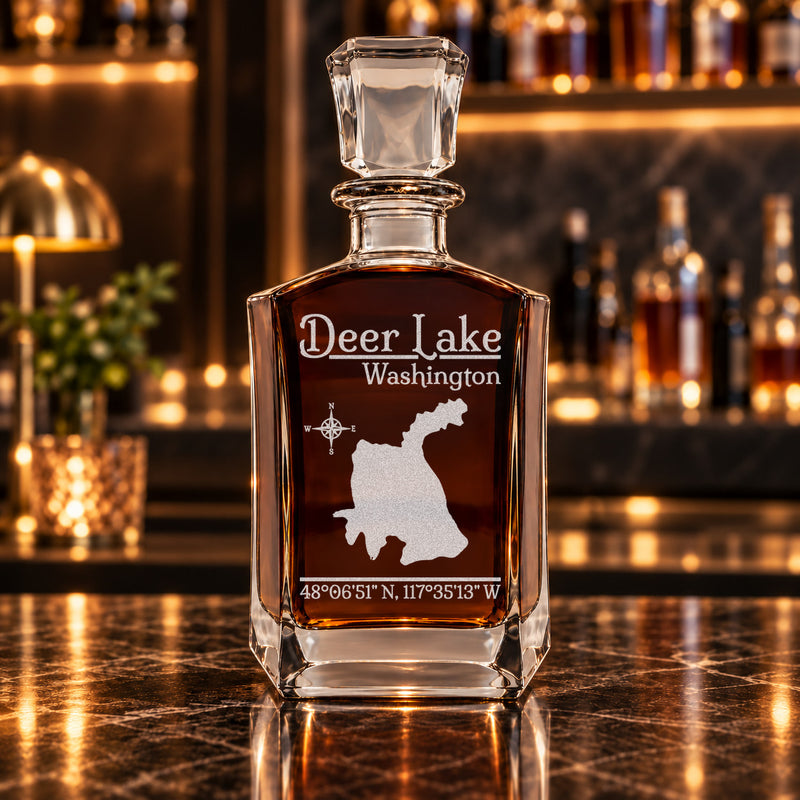 Deer Lake Washington Classic engraved six-sided whiskey decanter - decanter alone