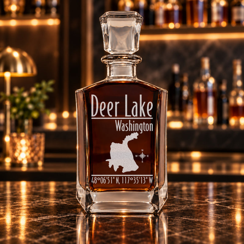 Deer Lake Washington Modern engraved six-sided whiskey decanter - decanter alone