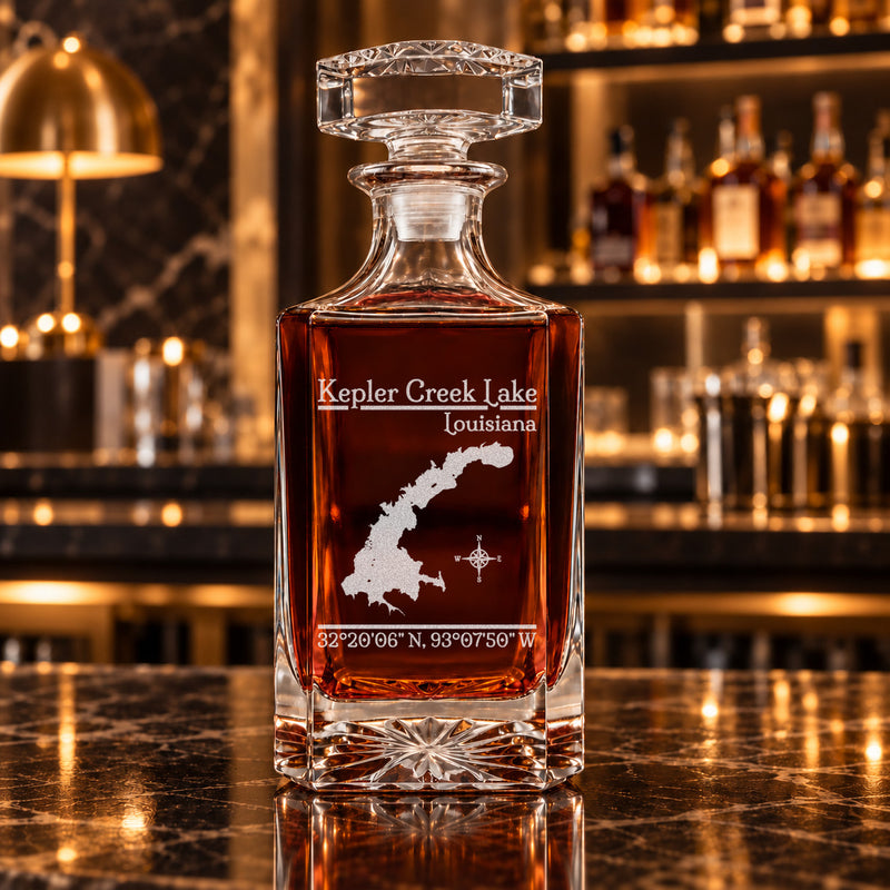 Kepler Creek Lake Louisiana Classic engraved square whiskey decanter - decanter alone