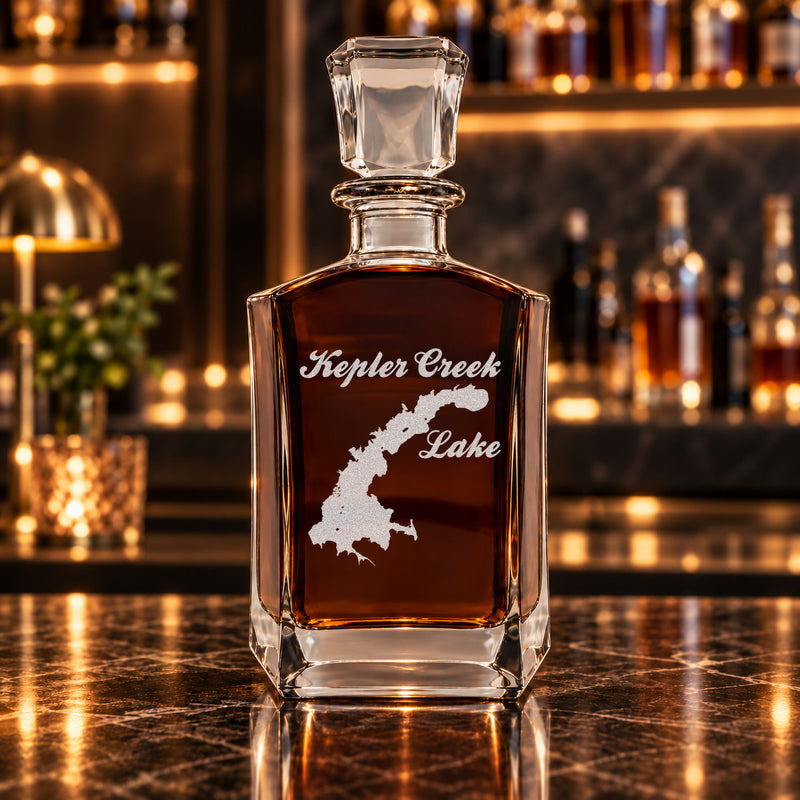 Kepler Creek Lake Louisiana Minimalist engraved six-sided whiskey decanter - decanter alone