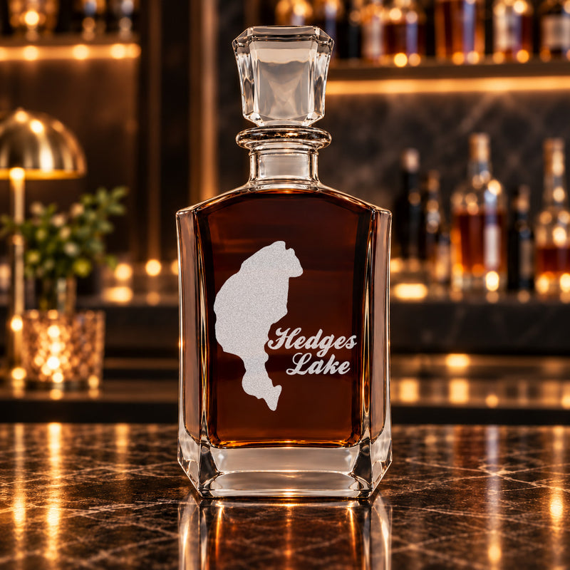 Hedges Lake New York Minimalist engraved six-sided whiskey decanter - decanter alone