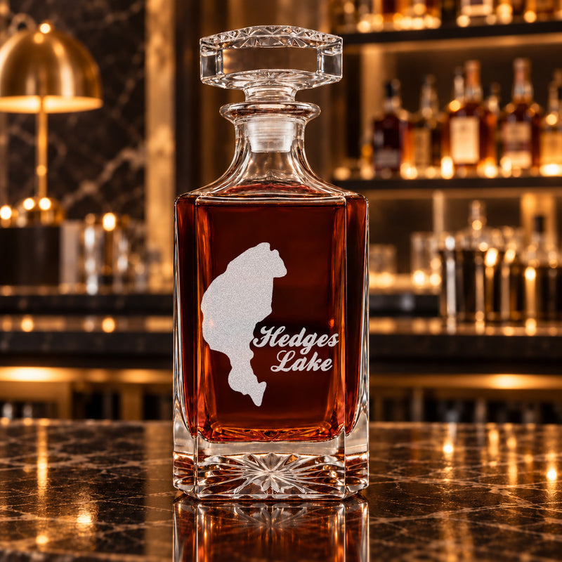 Hedges Lake New York Minimalist engraved square whiskey decanter - decanter alone
