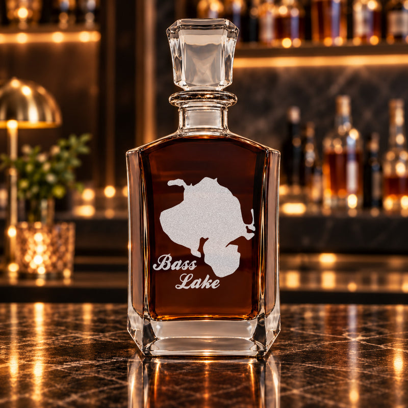 Bass Lake Michigan Minimalist engraved six-sided whiskey decanter - decanter alone