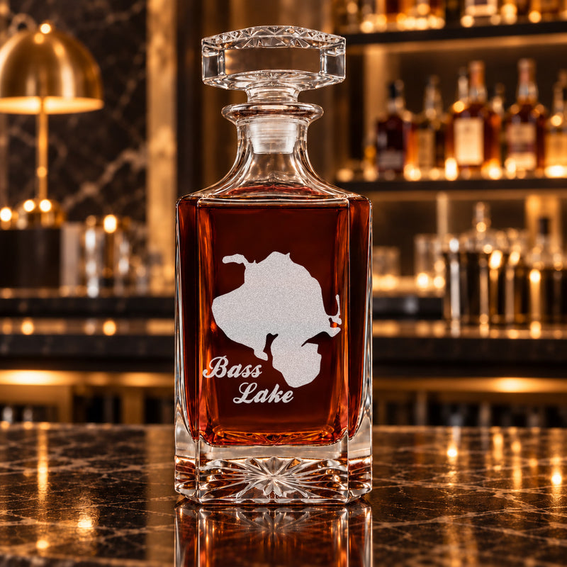 Bass Lake Michigan Minimalist engraved square whiskey decanter - decanter alone