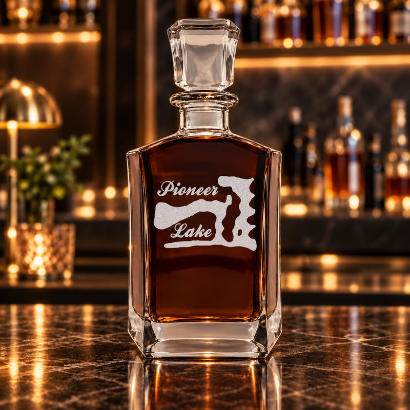 Pioneer Lake Nebraska Minimalist engraved six-sided whiskey decanter - decanter alone