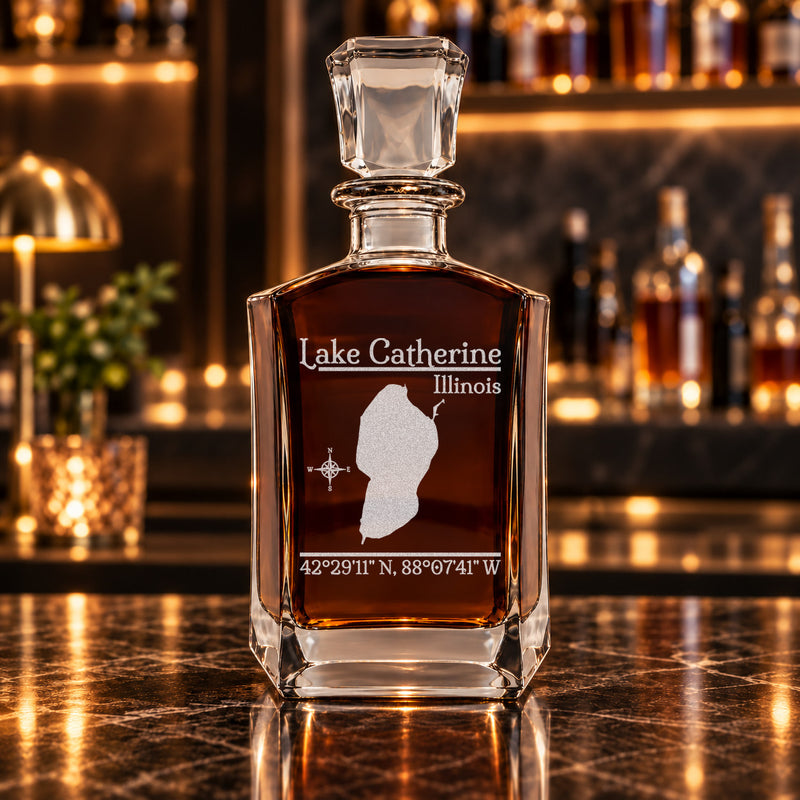 Lake Catherine Illinois Classic engraved six-sided whiskey decanter - decanter alone