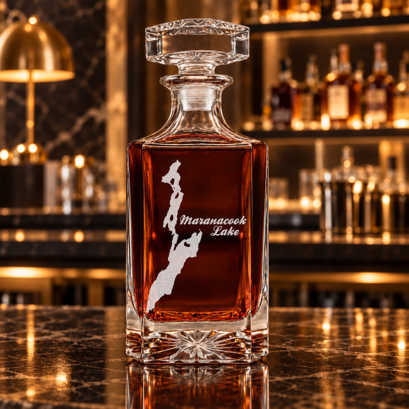 Maranacook Lake Maine Minimalist engraved square whiskey decanter - decanter alone
