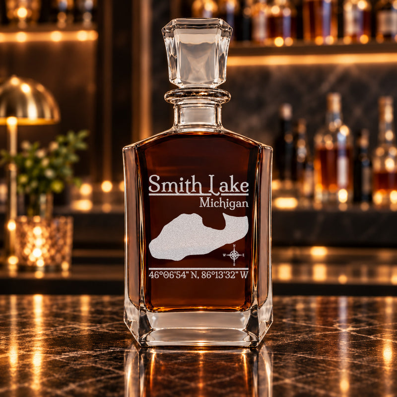Smith Lake Michigan Classic engraved six-sided whiskey decanter - decanter alone