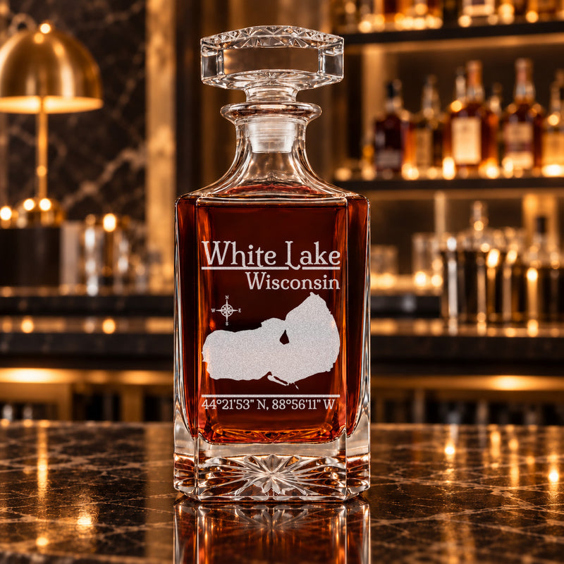 White Lake Wisconsin Classic engraved square whiskey decanter - decanter alone