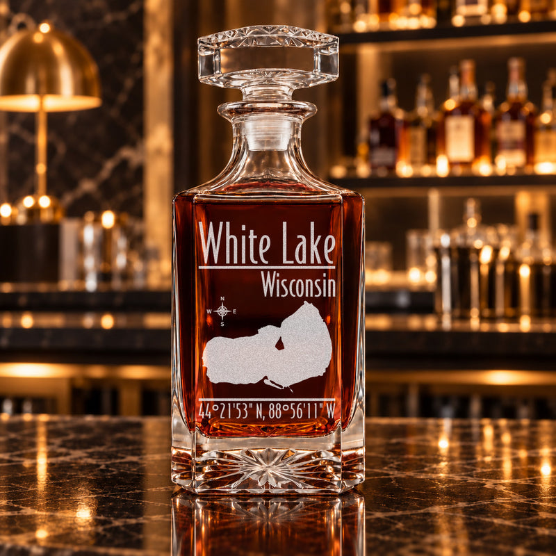 White Lake Wisconsin Modern engraved square whiskey decanter - decanter alone
