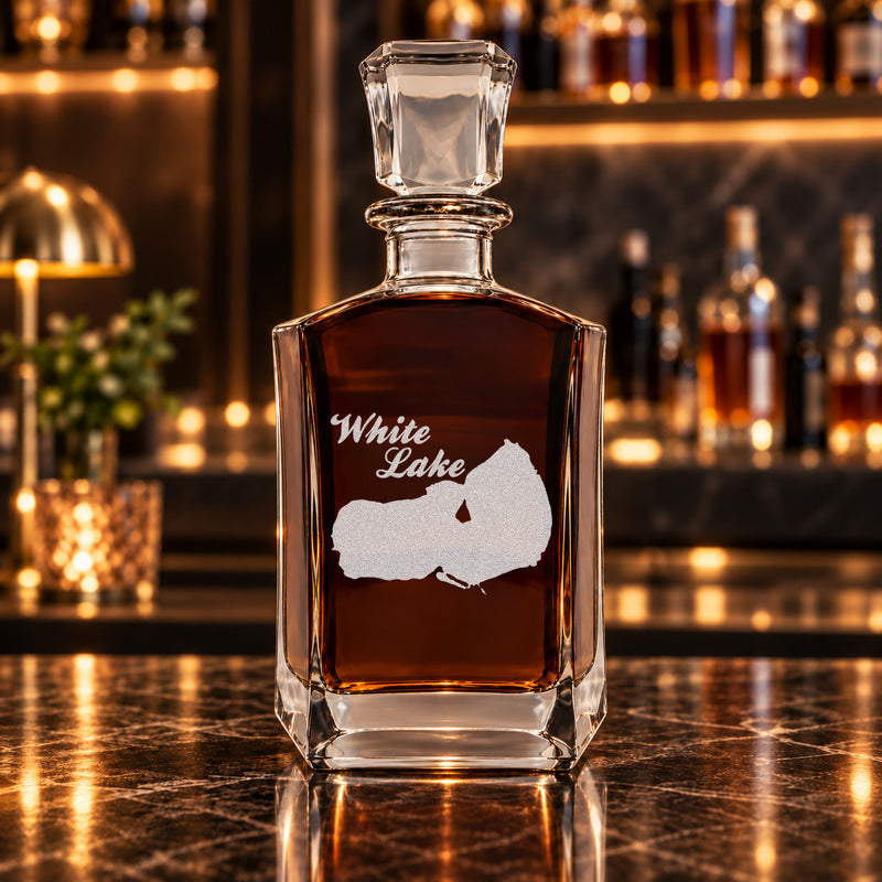 White Lake Wisconsin Minimalist engraved six-sided whiskey decanter - decanter alone