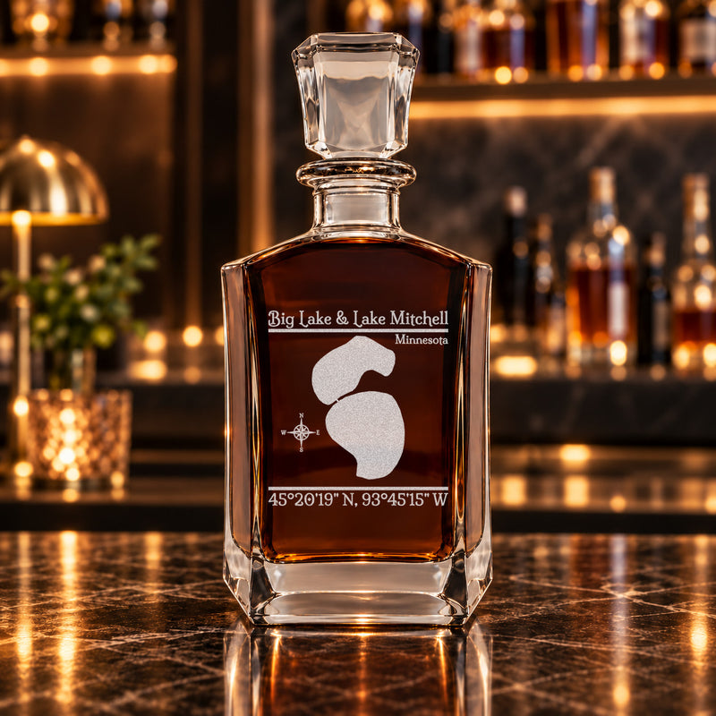 Big Lake & Lake Mitchell Minnesota Classic engraved six-sided whiskey decanter - decanter alone