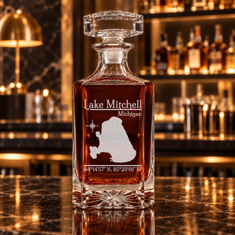 Lake Mitchell Michigan Classic engraved square whiskey decanter - decanter alone