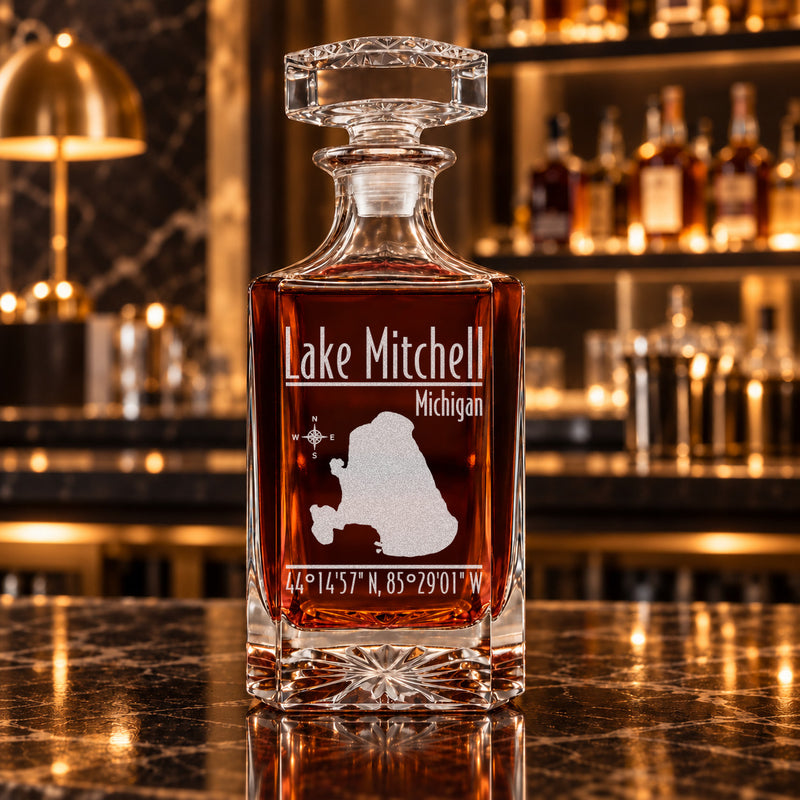 Lake Mitchell Michigan Modern engraved square whiskey decanter - decanter alone