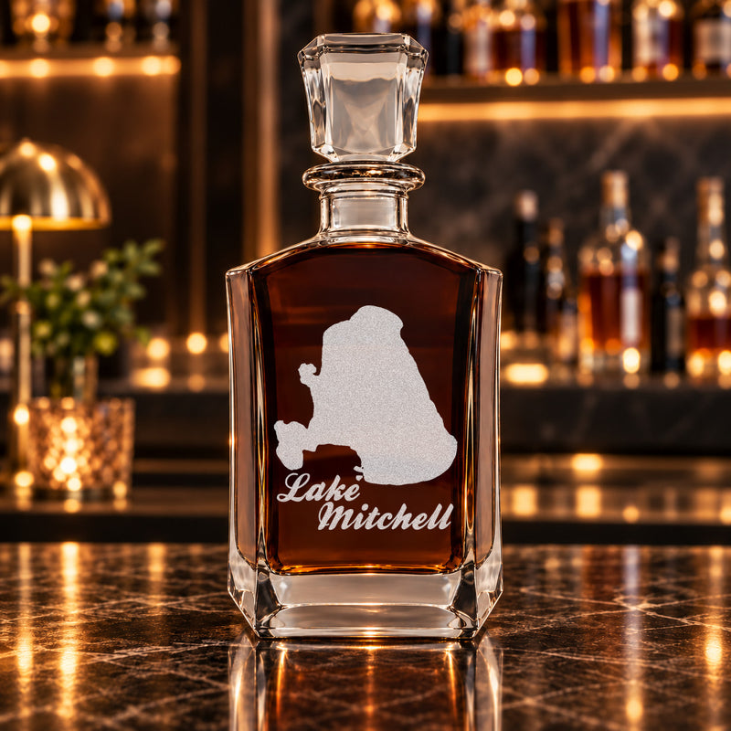 Lake Mitchell Michigan Minimalist engraved six-sided whiskey decanter - decanter alone
