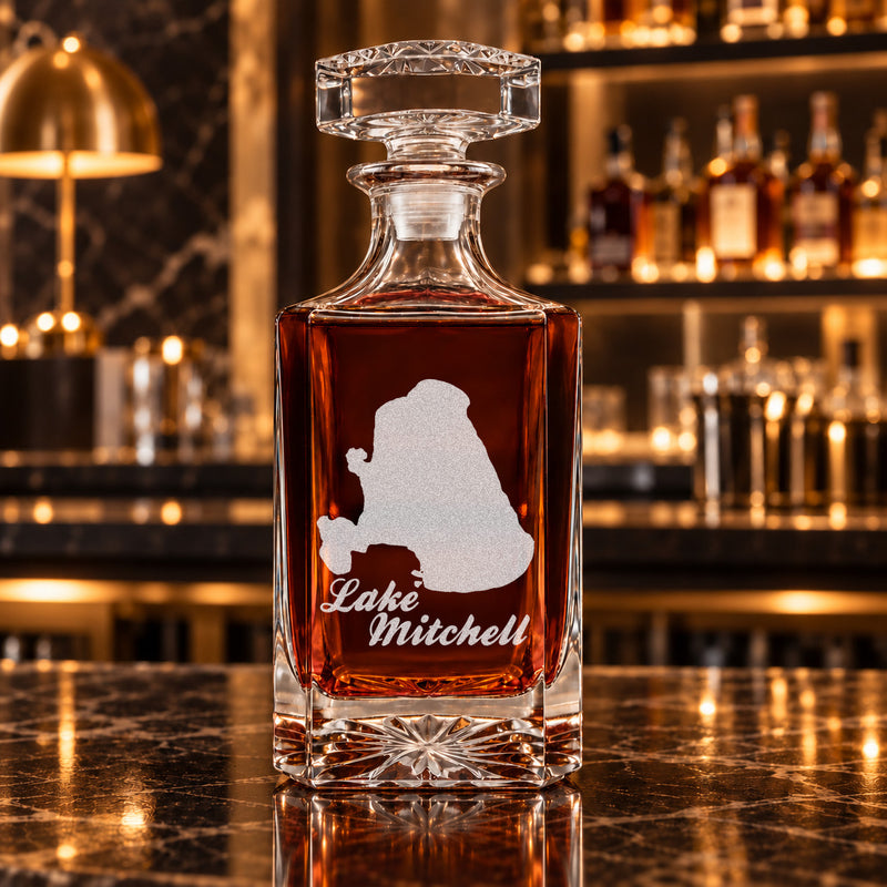 Lake Mitchell Michigan Minimalist engraved square whiskey decanter - decanter alone