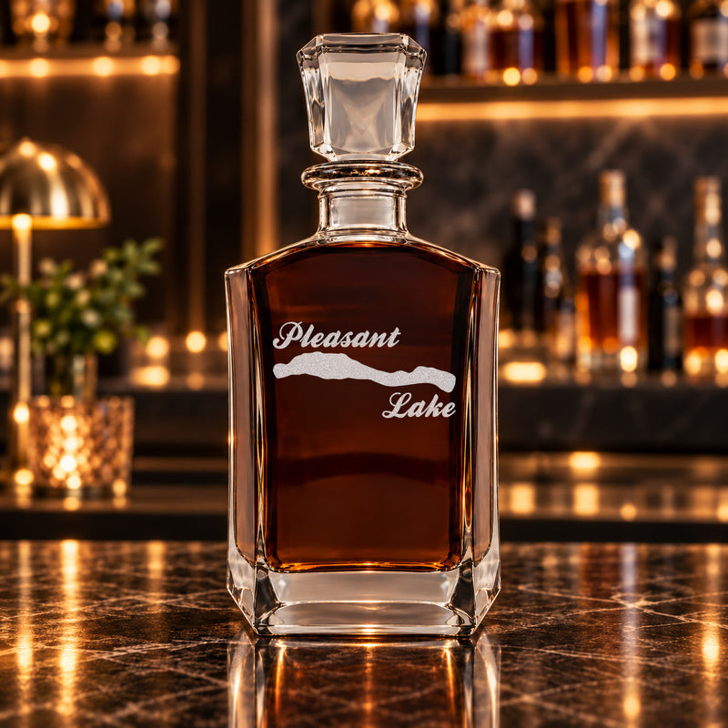 Pleasant Lake New York Minimalist engraved six-sided whiskey decanter - decanter alone