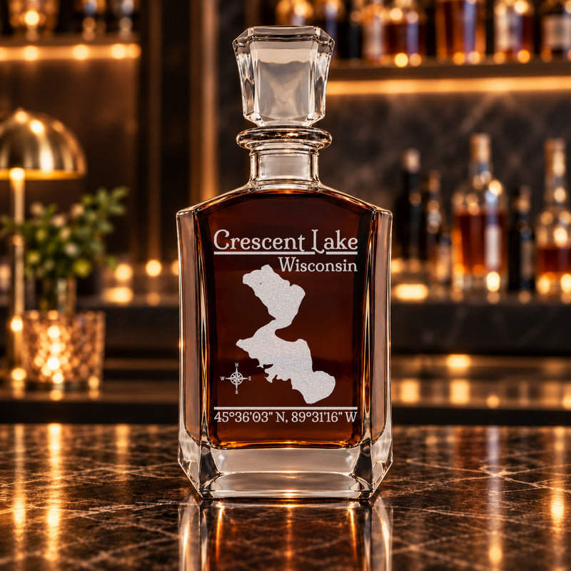 Crescent Lake Wisconsin Classic engraved six-sided whiskey decanter - decanter alone
