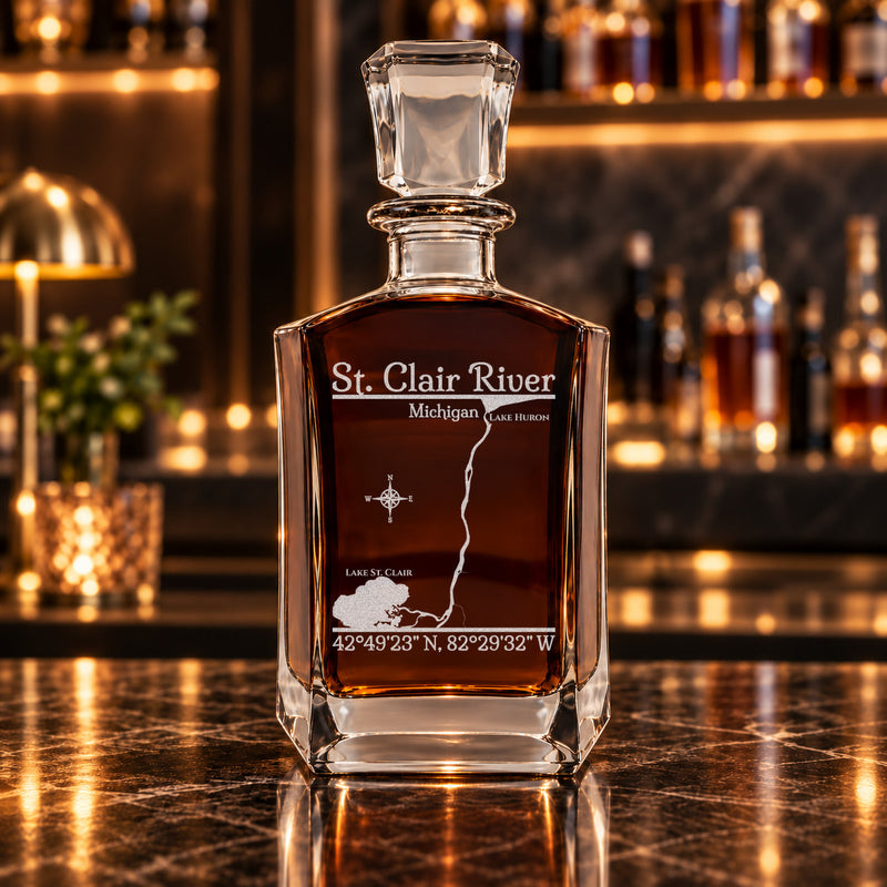 St. Clair River Michigan Classic engraved six-sided whiskey decanter - decanter alone