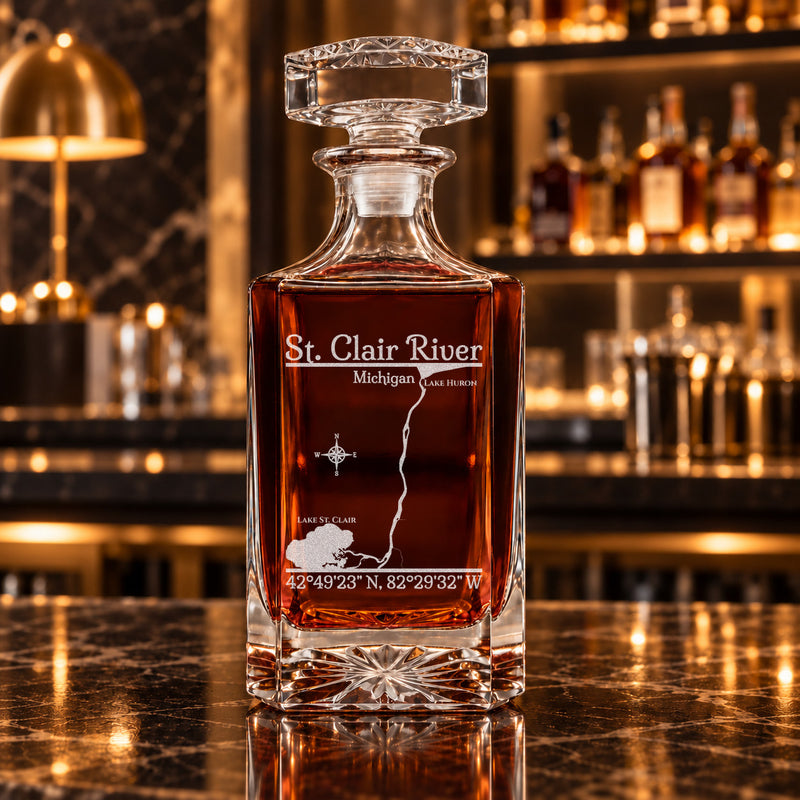 St. Clair River Michigan Classic engraved square whiskey decanter - decanter alone