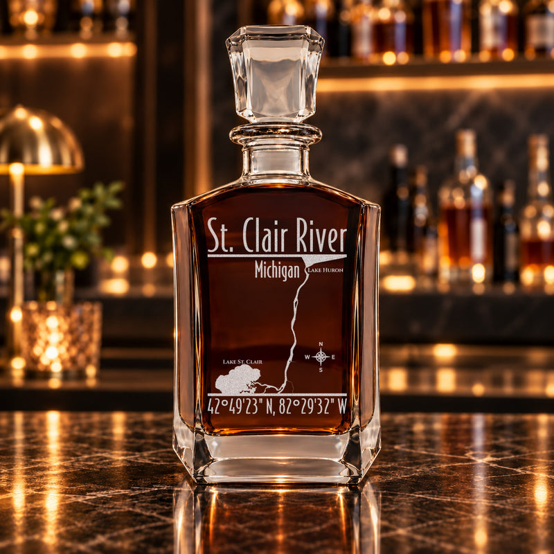 St. Clair River Michigan Modern engraved six-sided whiskey decanter - decanter alone