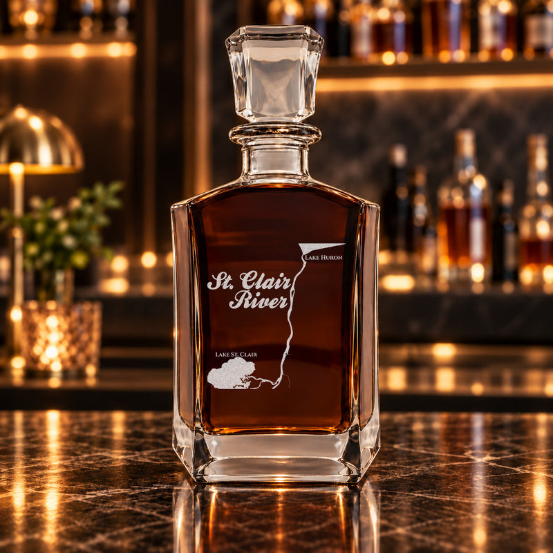 St. Clair River Michigan Minimalist engraved six-sided whiskey decanter - decanter alone