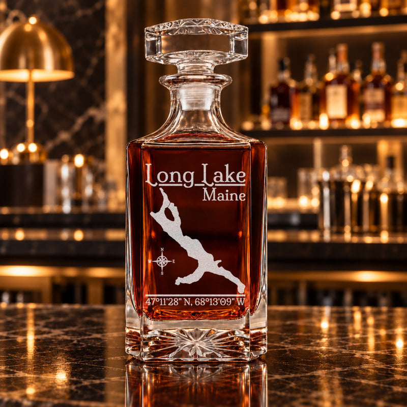 Long Lake Maine Classic engraved square whiskey decanter - decanter alone