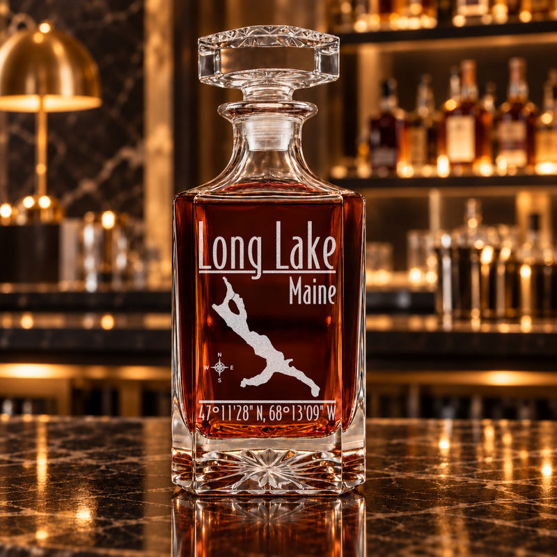 Long Lake Maine Modern engraved square whiskey decanter - decanter alone