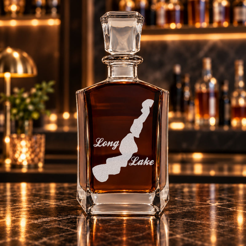 Long Lake Wisconsin Minimalist engraved six-sided whiskey decanter - decanter alone