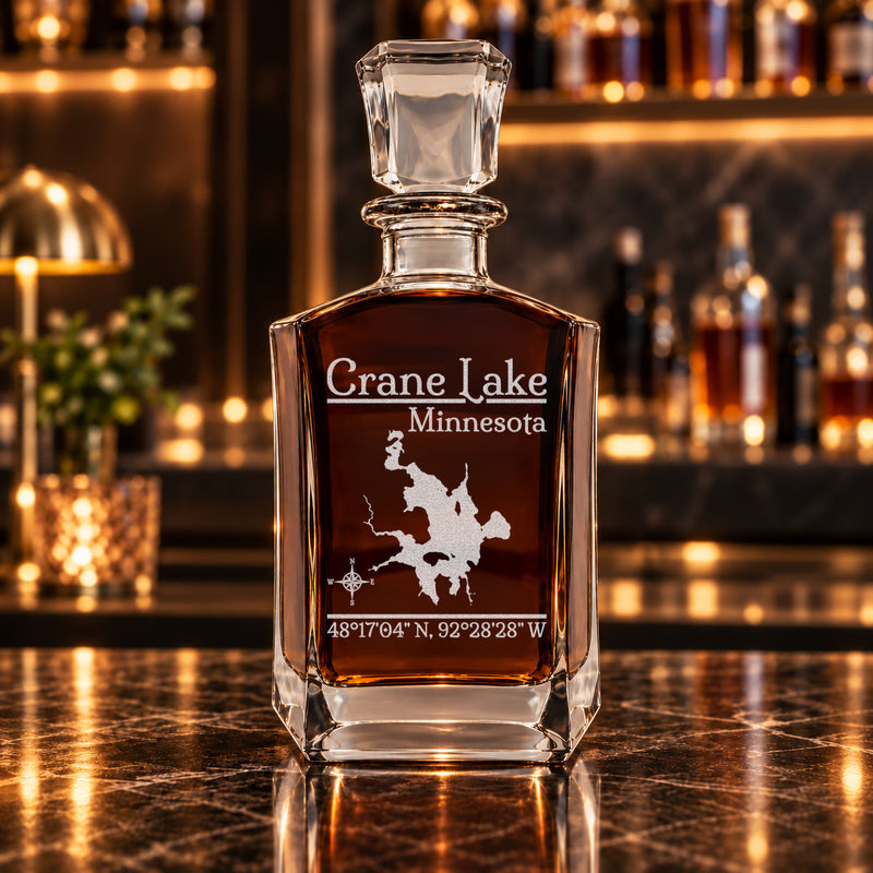 Crane Lake Minnesota Classic engraved six-sided whiskey decanter - decanter alone