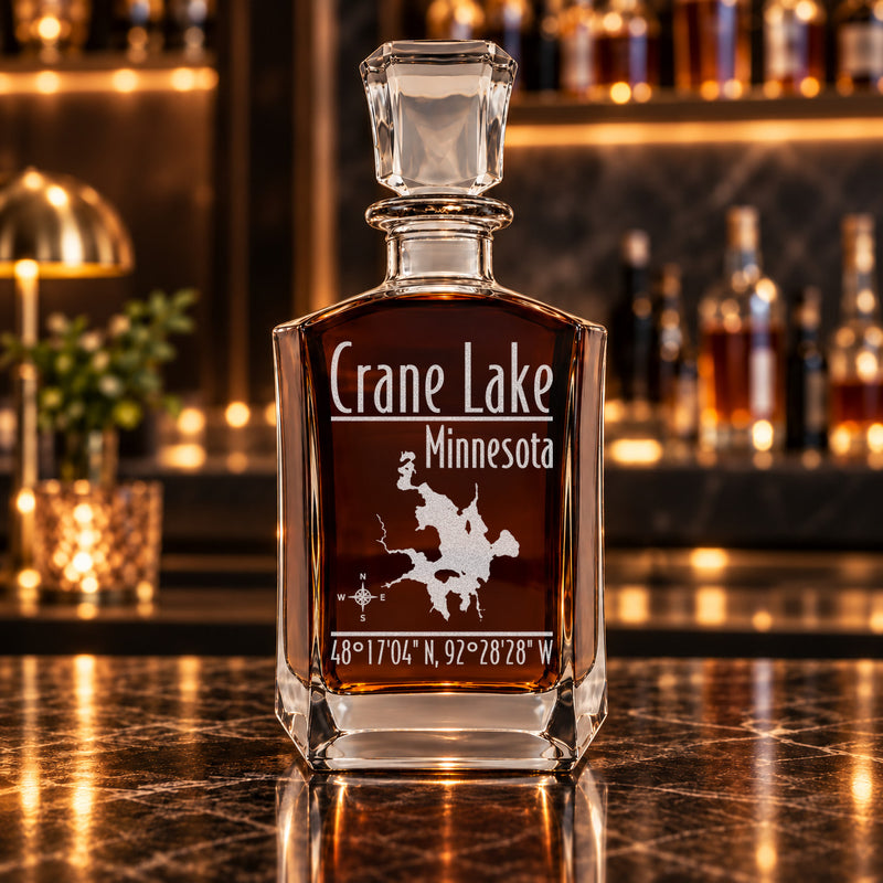 Crane Lake Minnesota Modern engraved six-sided whiskey decanter - decanter alone
