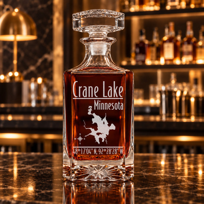 Crane Lake Minnesota Modern engraved square whiskey decanter - decanter alone