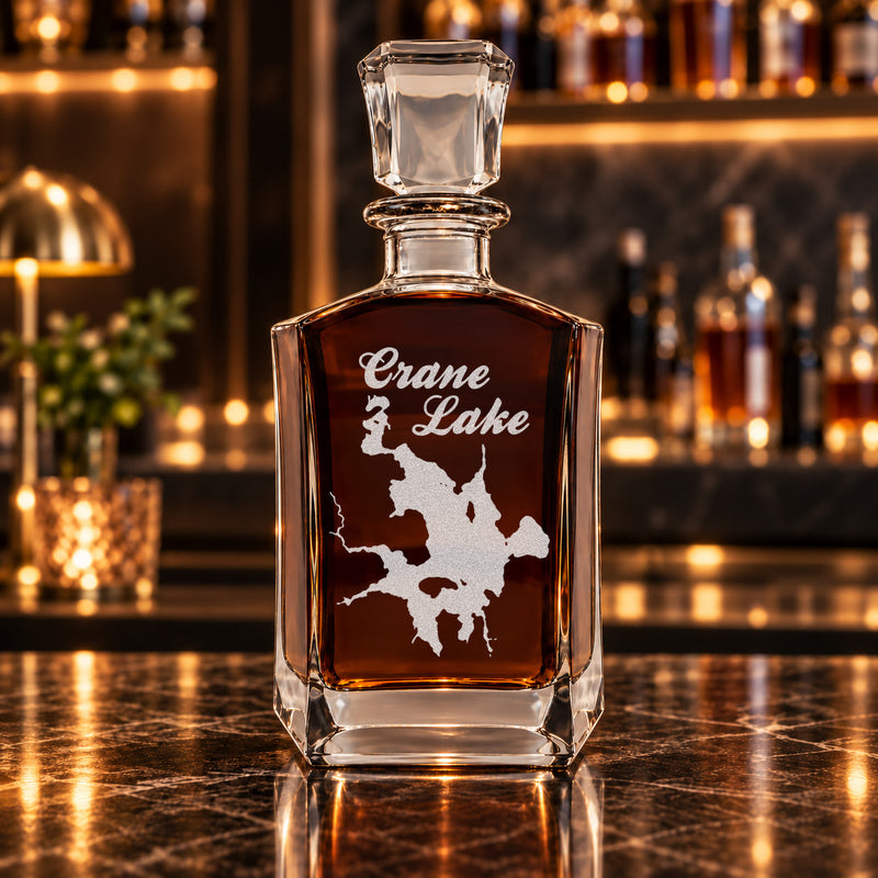 Crane Lake Minnesota Minimalist engraved six-sided whiskey decanter - decanter alone