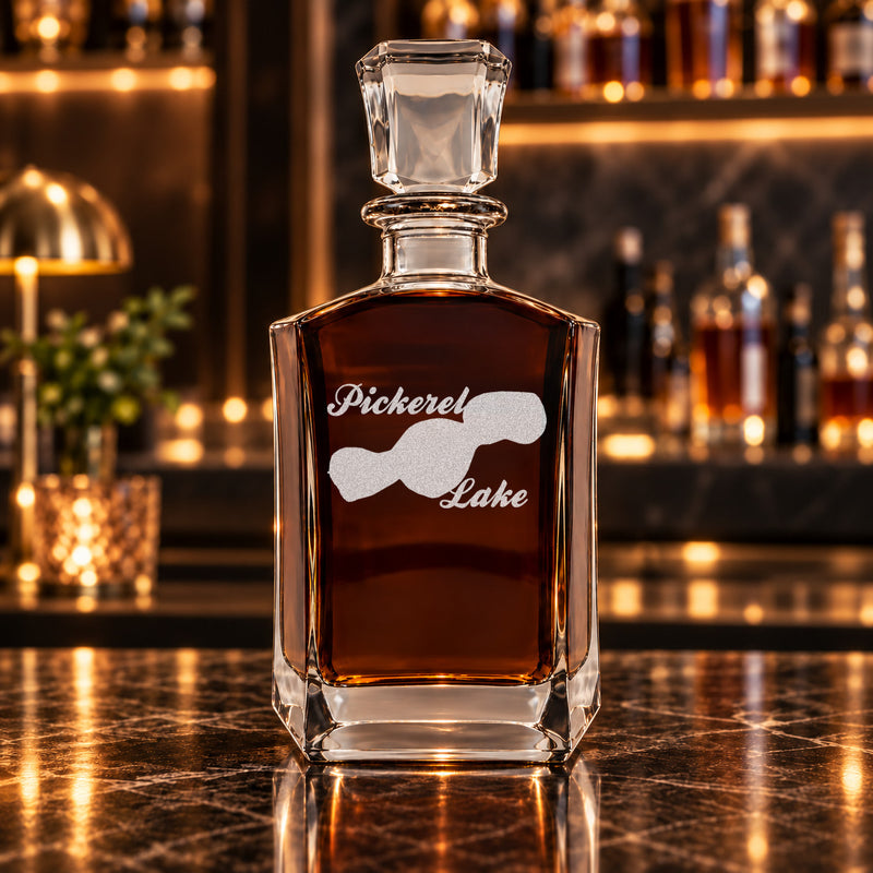 Pickerel Lake Minnesota Minimalist engraved six-sided whiskey decanter - decanter alone