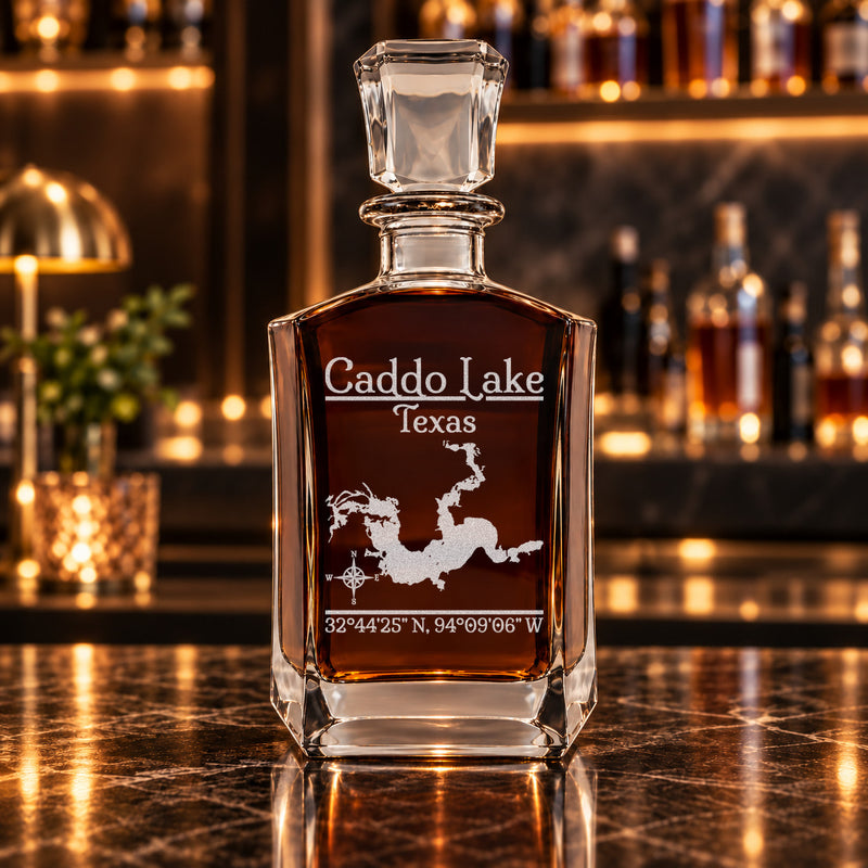 Caddo Lake Texas Classic engraved six-sided whiskey decanter - decanter alone