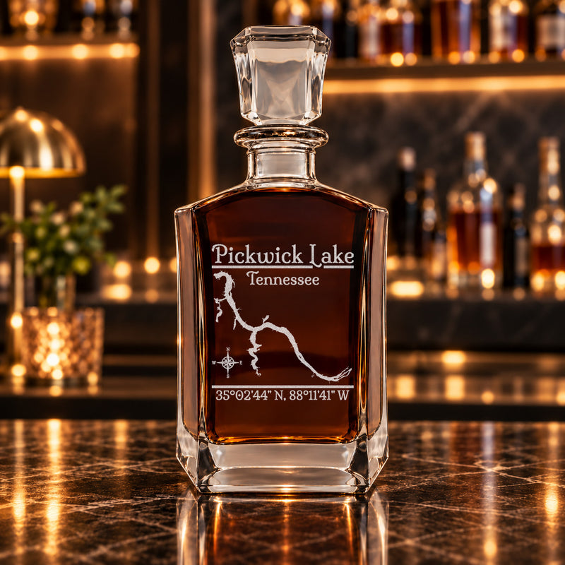 Pickwick Lake Tennessee Classic engraved six-sided whiskey decanter - decanter alone