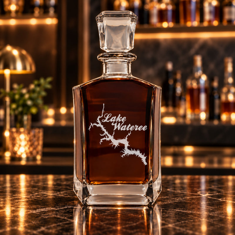 Lake Wateree South Carolina Minimalist engraved six-sided whiskey decanter - decanter alone