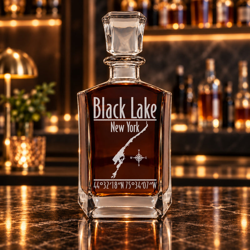 Black Lake New York Modern engraved six-sided whiskey decanter - decanter alone
