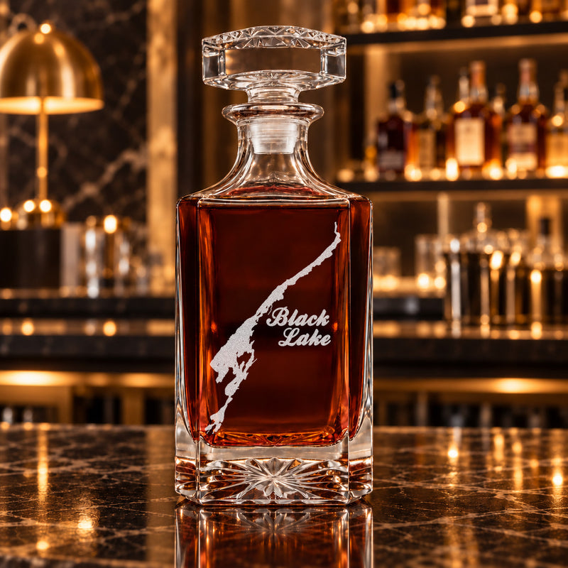 Black Lake New York Minimalist engraved square whiskey decanter - decanter alone