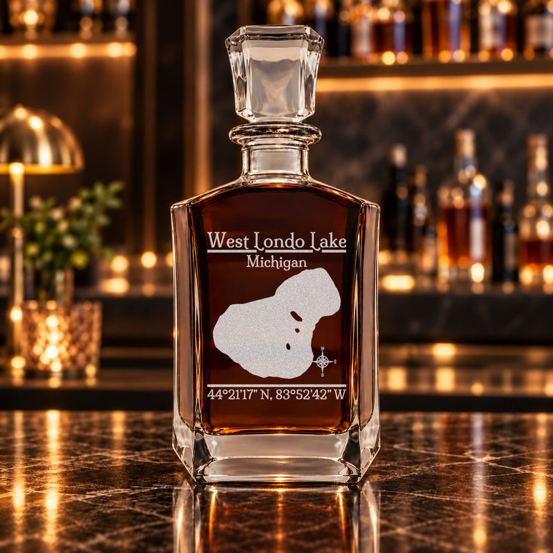 West Londo Lake Michigan Classic engraved six-sided whiskey decanter - decanter alone