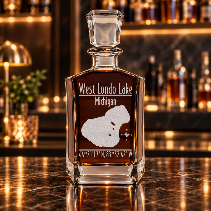 West Londo Lake Michigan Modern engraved six-sided whiskey decanter - decanter alone