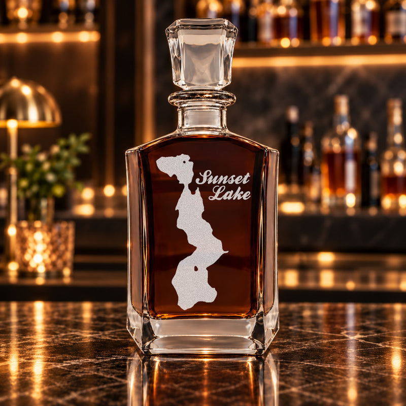 Sunset Lake Minnesota Minimalist engraved six-sided whiskey decanter - decanter alone