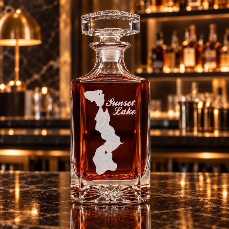 Sunset Lake Minnesota Minimalist engraved square whiskey decanter - decanter alone