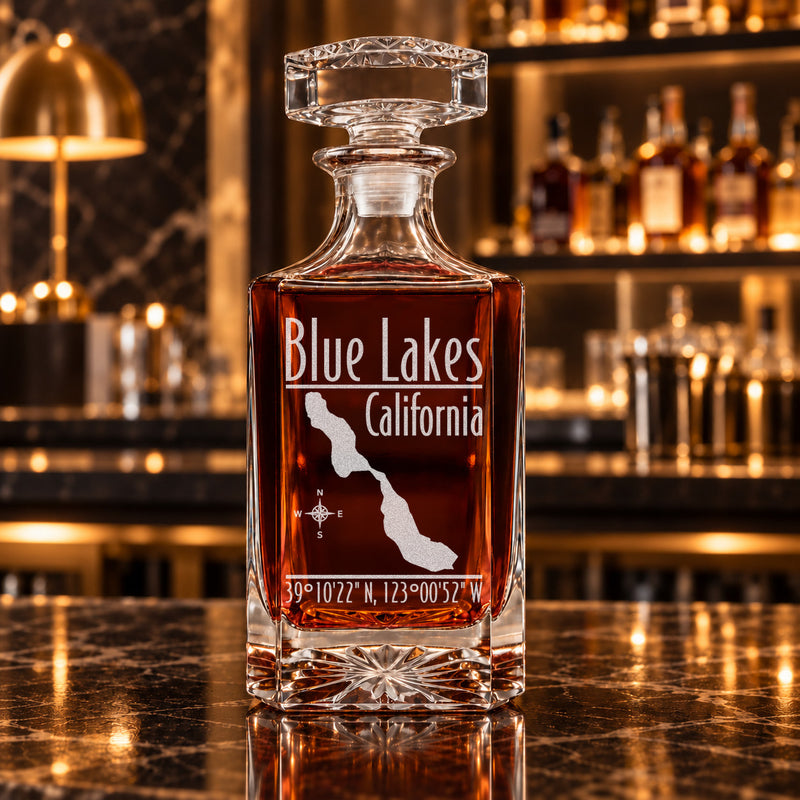 Blue Lakes California Modern engraved square whiskey decanter - decanter alone