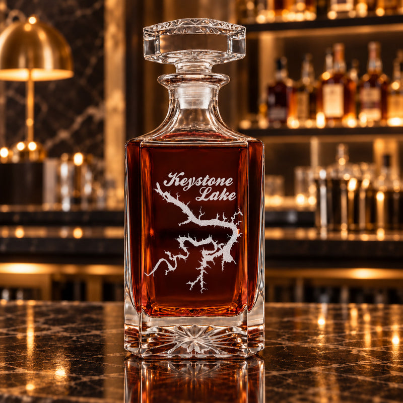 Keystone Lake Oklahoma Minimalist engraved square whiskey decanter - decanter alone
