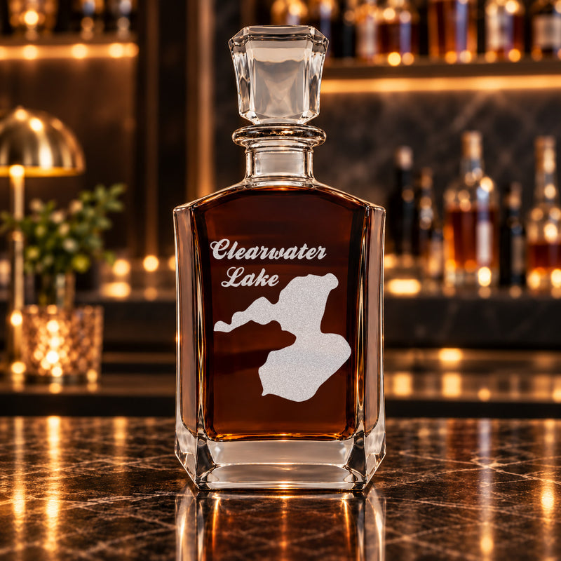 Clearwater Lake Wisconsin Minimalist engraved six-sided whiskey decanter - decanter alone