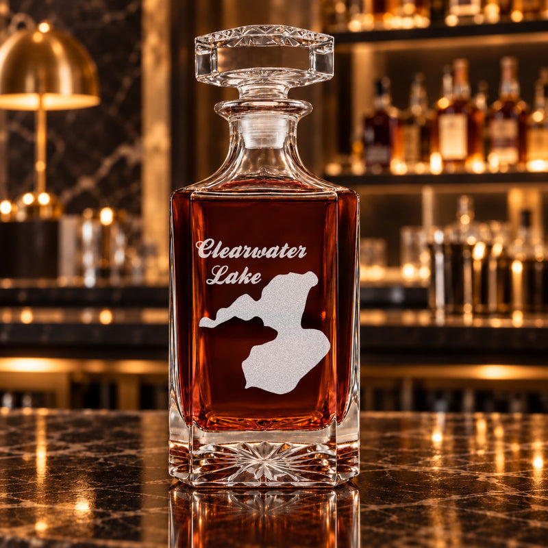 Clearwater Lake Wisconsin Minimalist engraved square whiskey decanter - decanter alone