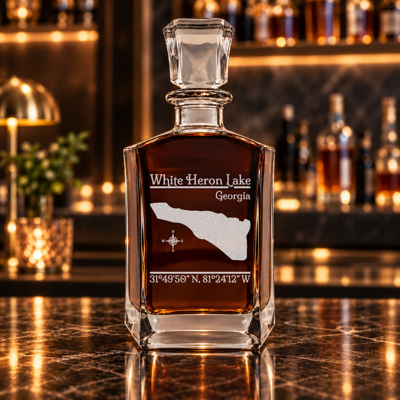 White Heron Lake Georgia Classic engraved six-sided whiskey decanter - decanter alone