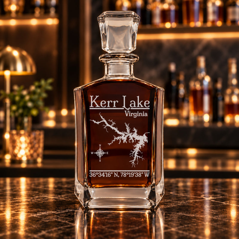 Kerr Lake Virginia Classic engraved six-sided whiskey decanter - decanter alone